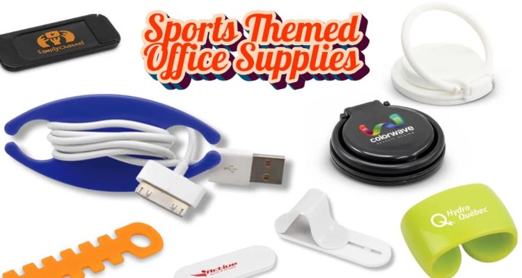 Branded sports-themed office supplies on a desk, including pens, notebooks, and a football-shaped stress ball